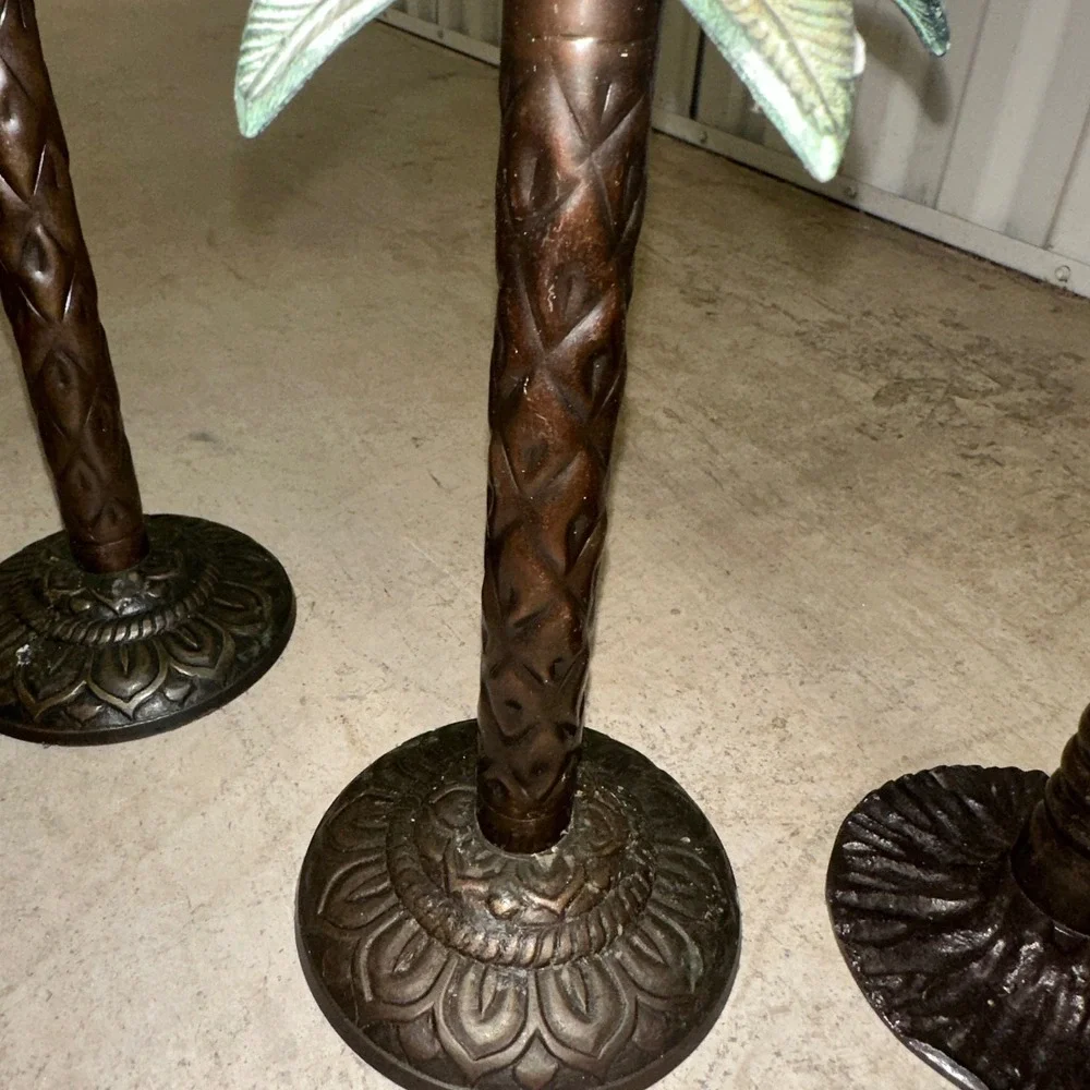 VTG Palm‎ Tree Candle Holders Set Brass 3 Bronze Metal Tropical Regency Decor